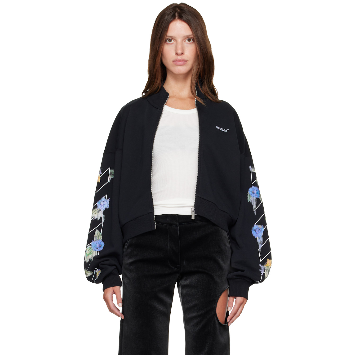 Off-White Black Embroidered Arrow Out Flower Zipup Sweatshirt
