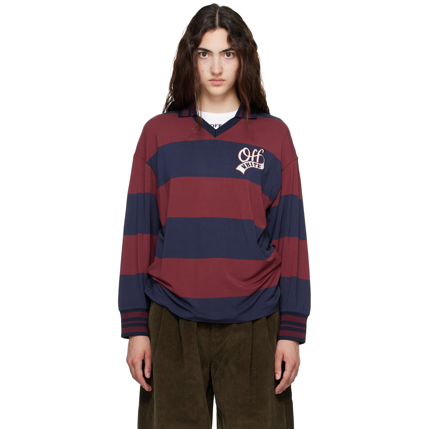 Off-White Navy & Burgundy Striped Interlock L/S Polo