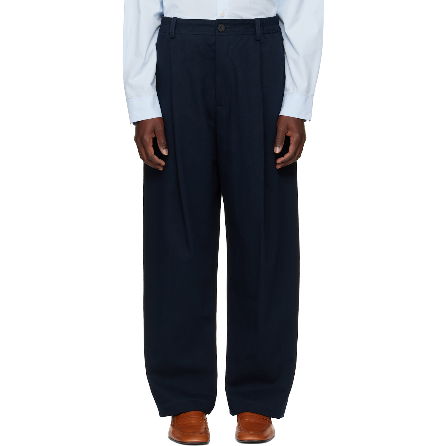 Studio Nicholson Navy Shire Cotton Pleated Trousers