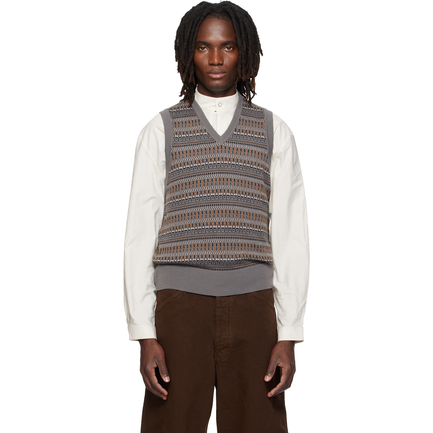 LEMAIRE Gray V-Neck Jacquard Sweater Vest