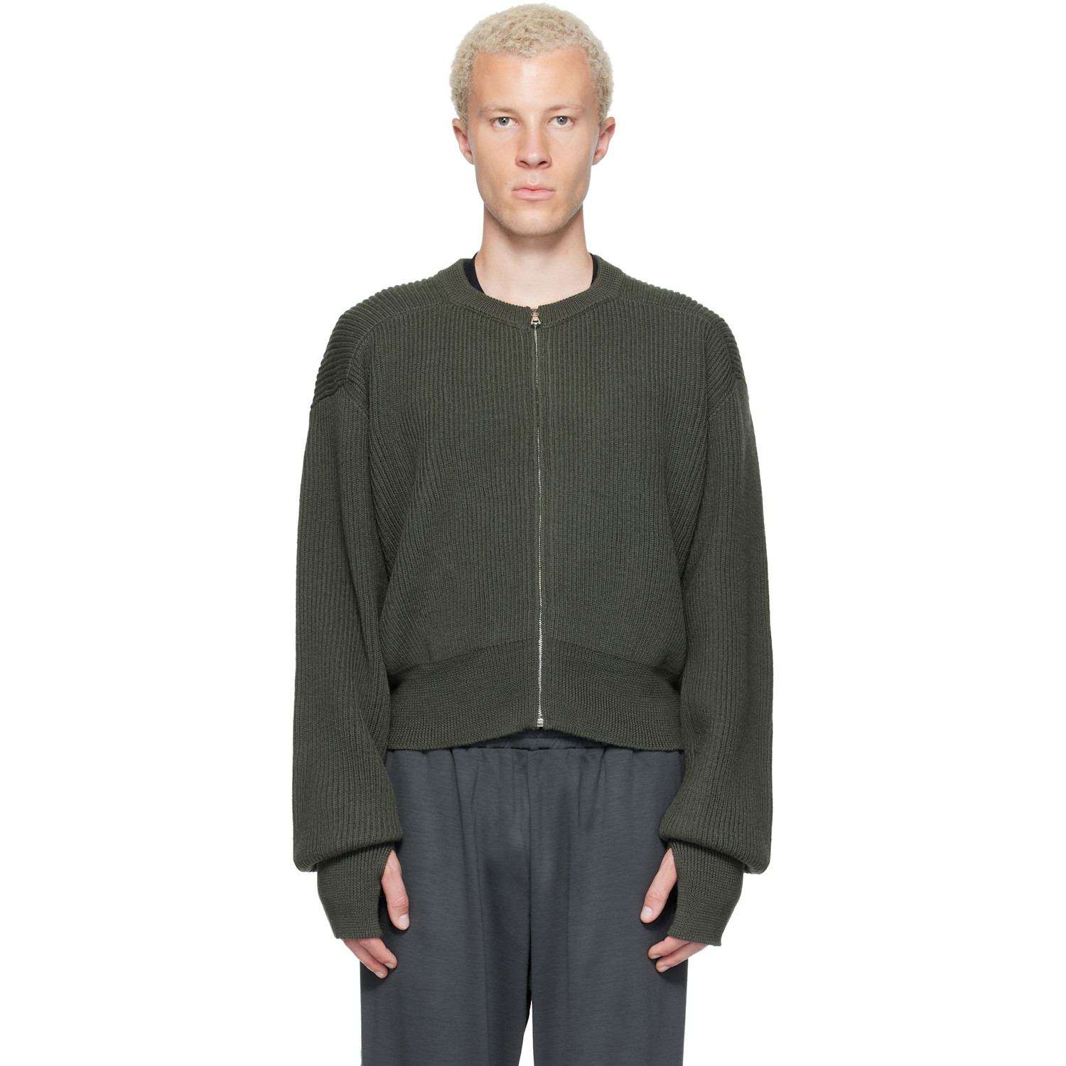 Rier Green Roundneck Zip Utility Sweater