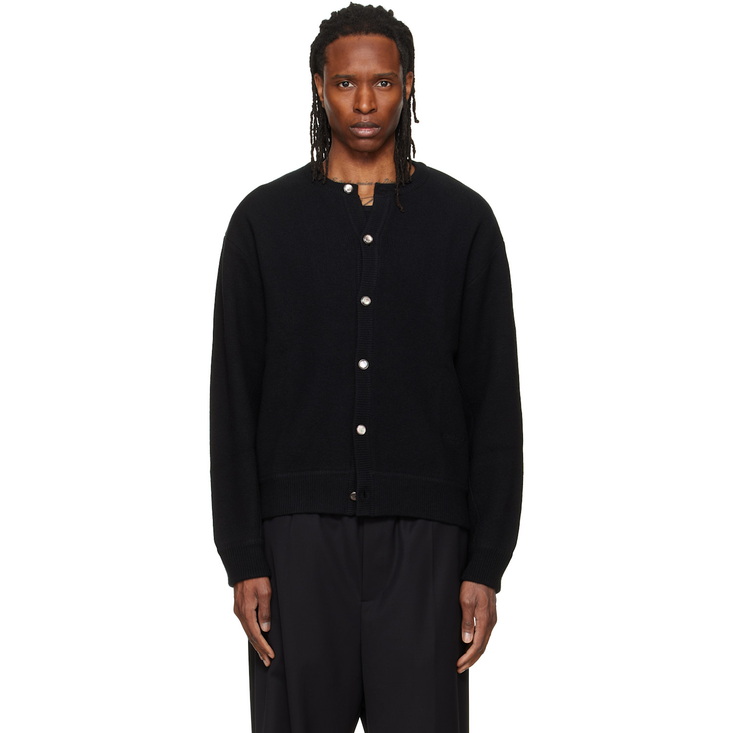 WOOYOUNGMI Black Round Neck Wool Cardigan