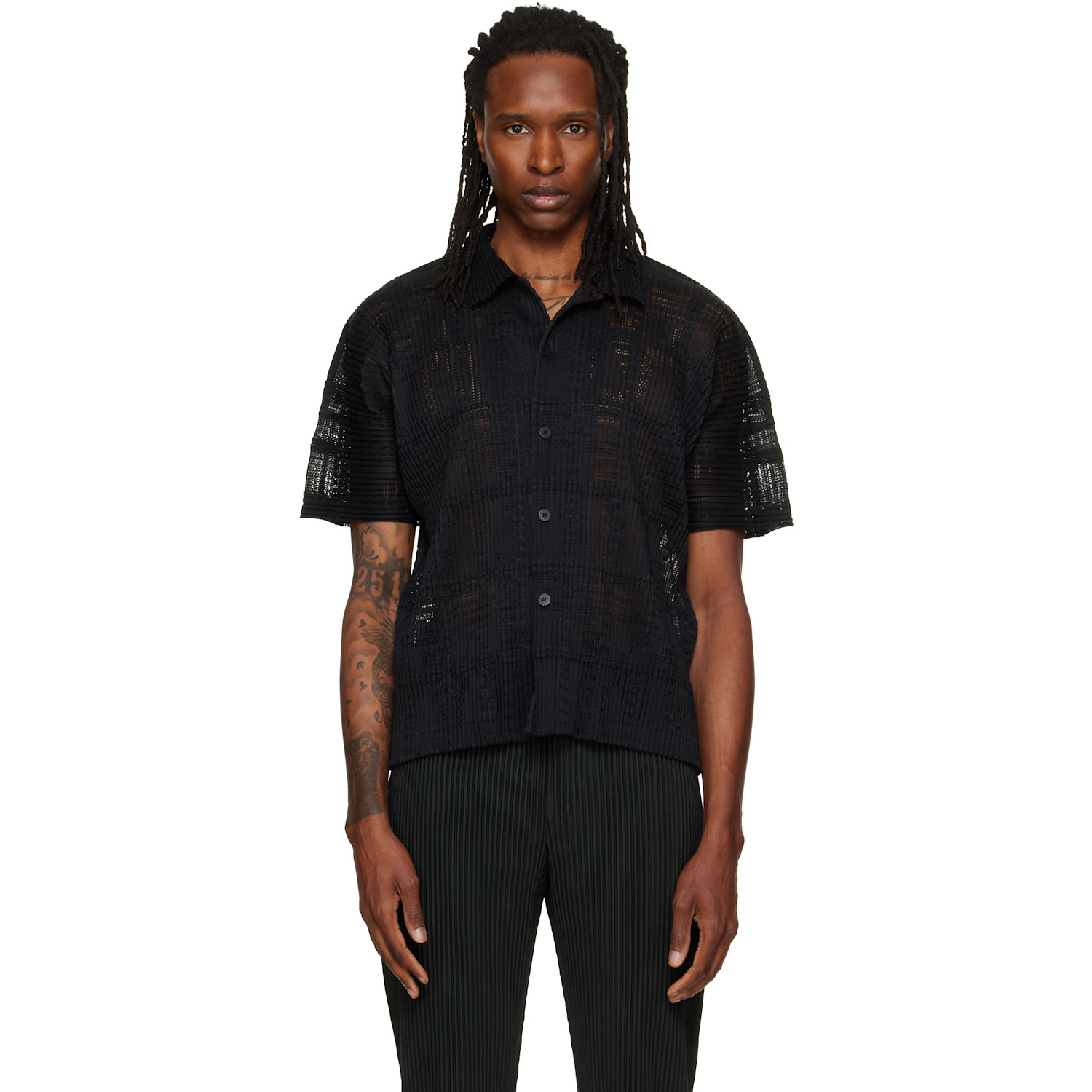 HOMME PLISSÉ ISSEY MIYAKE Black Lace Grid Pleats Shirt