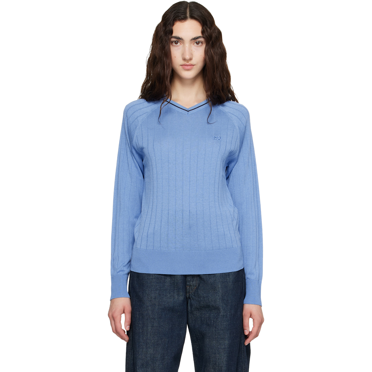 Wales Bonner Blue Viscose SIlk Knit Roots Polo