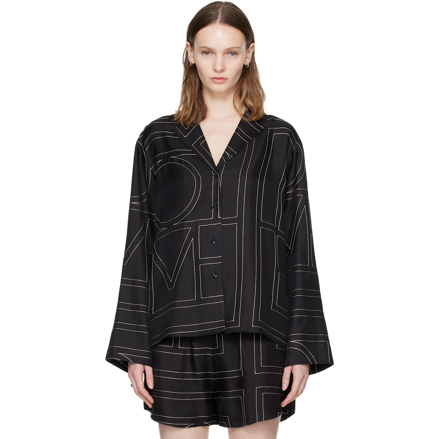 TOTEME Black Monogram Silk PJ Shirt