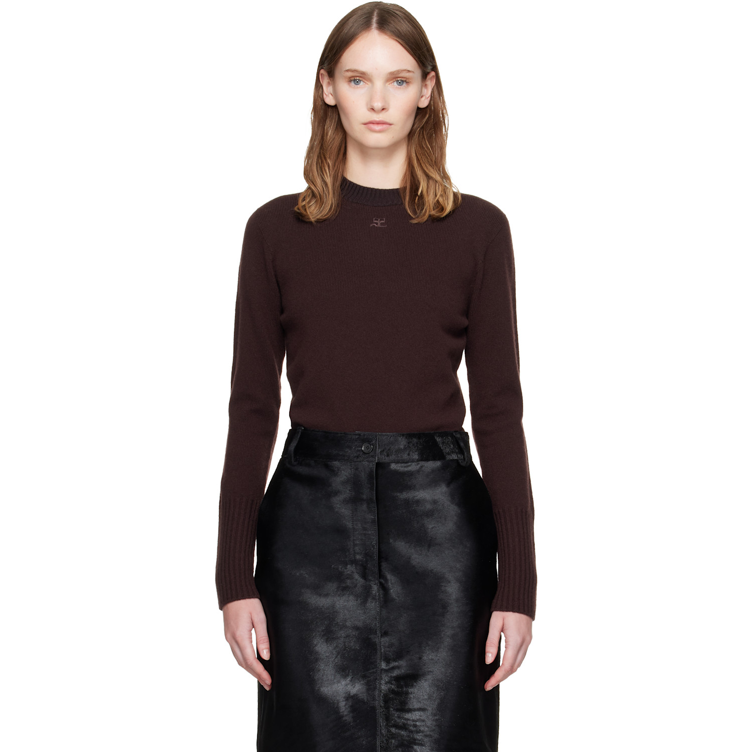 Courrèges Brown Lambswool Fitted Crewneck Sweater