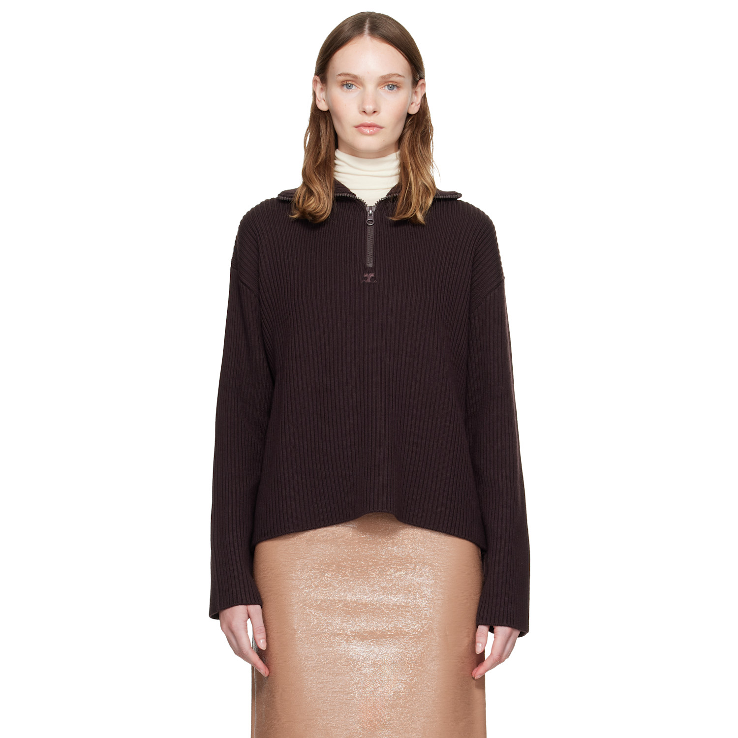 Courrèges Brown Ribbed Wool Trucker Sweater