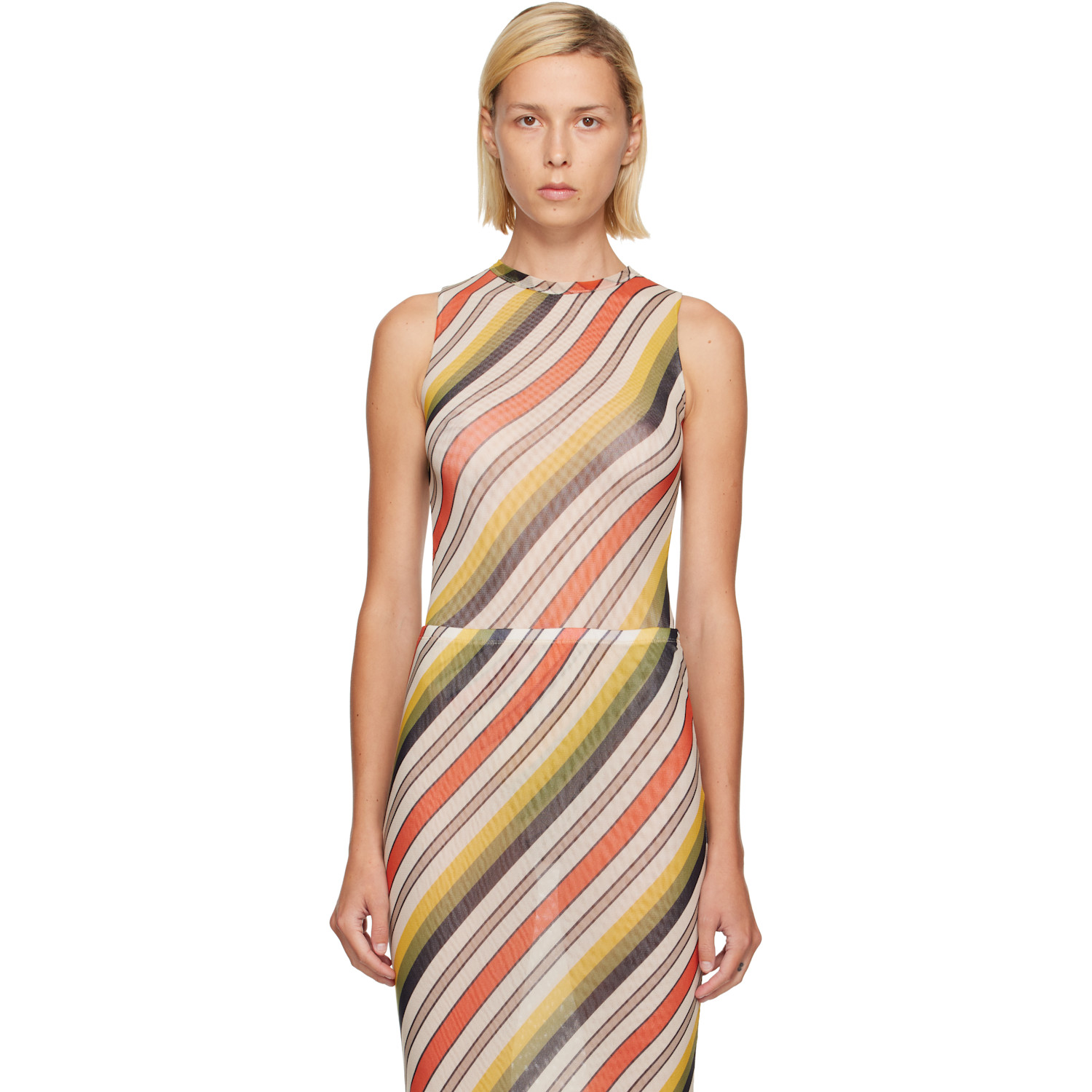 Jean Paul Gaultier Multicolor Mesh Tank Top Printed Retro Stripe Bodysuit