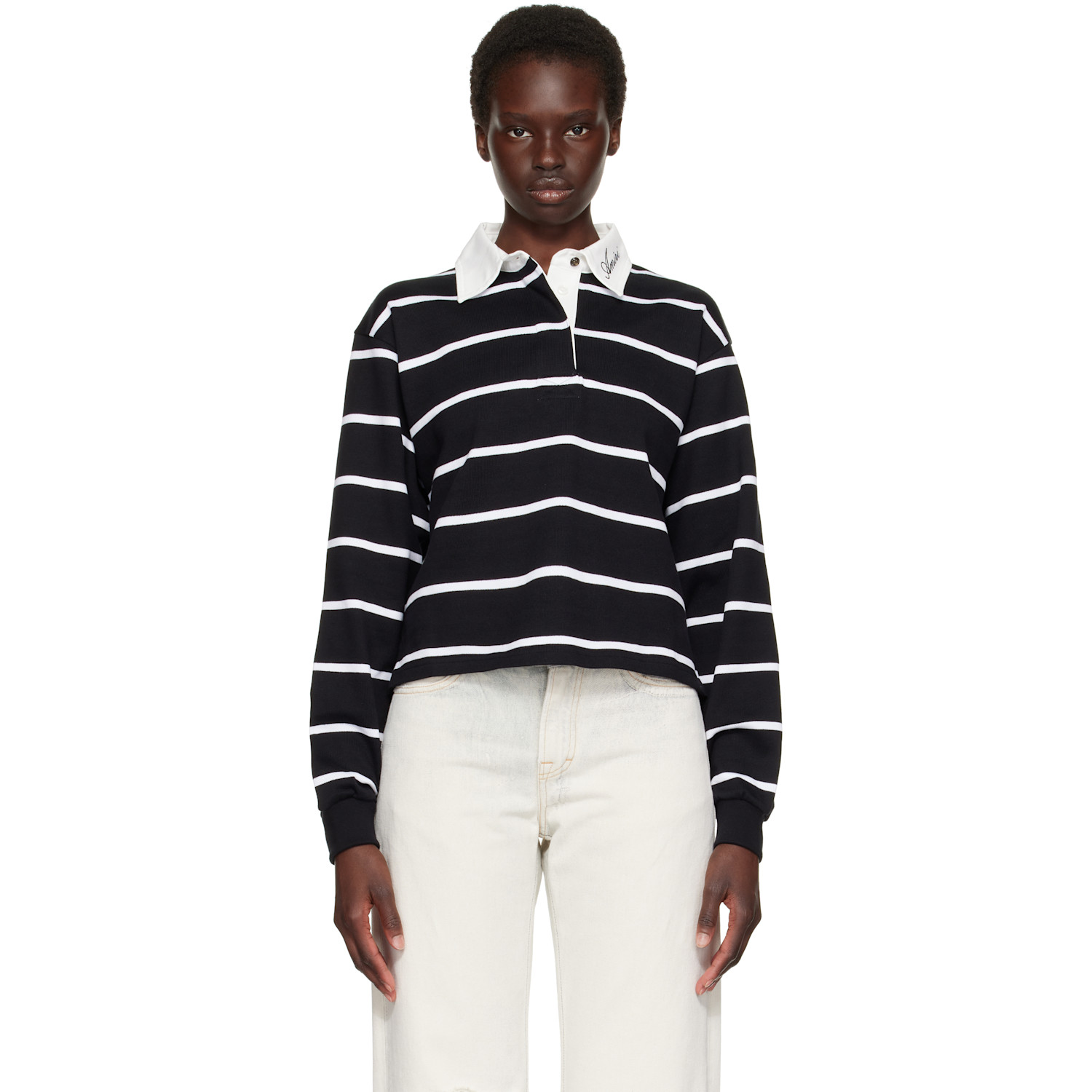 AMIRI Black & White Striped Long Sleeve Polo