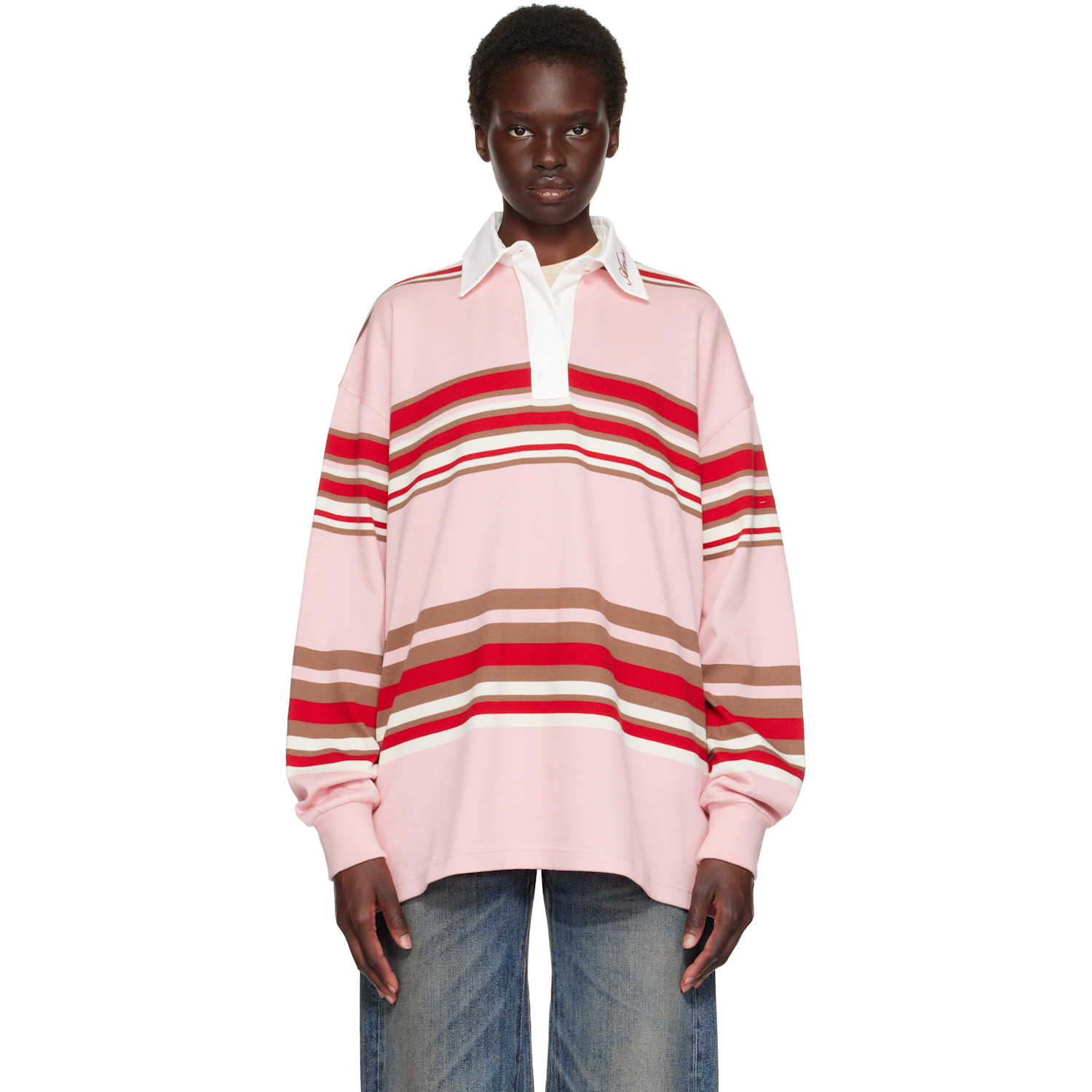 AMIRI Pink & Red Striped Oversized Long Sleeve Polo