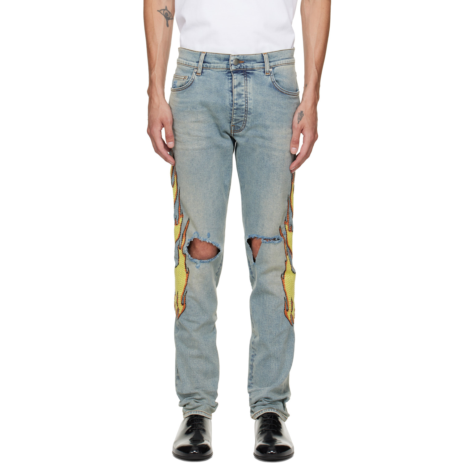 AMIRI Blue Flames Emb Skinny Jeans