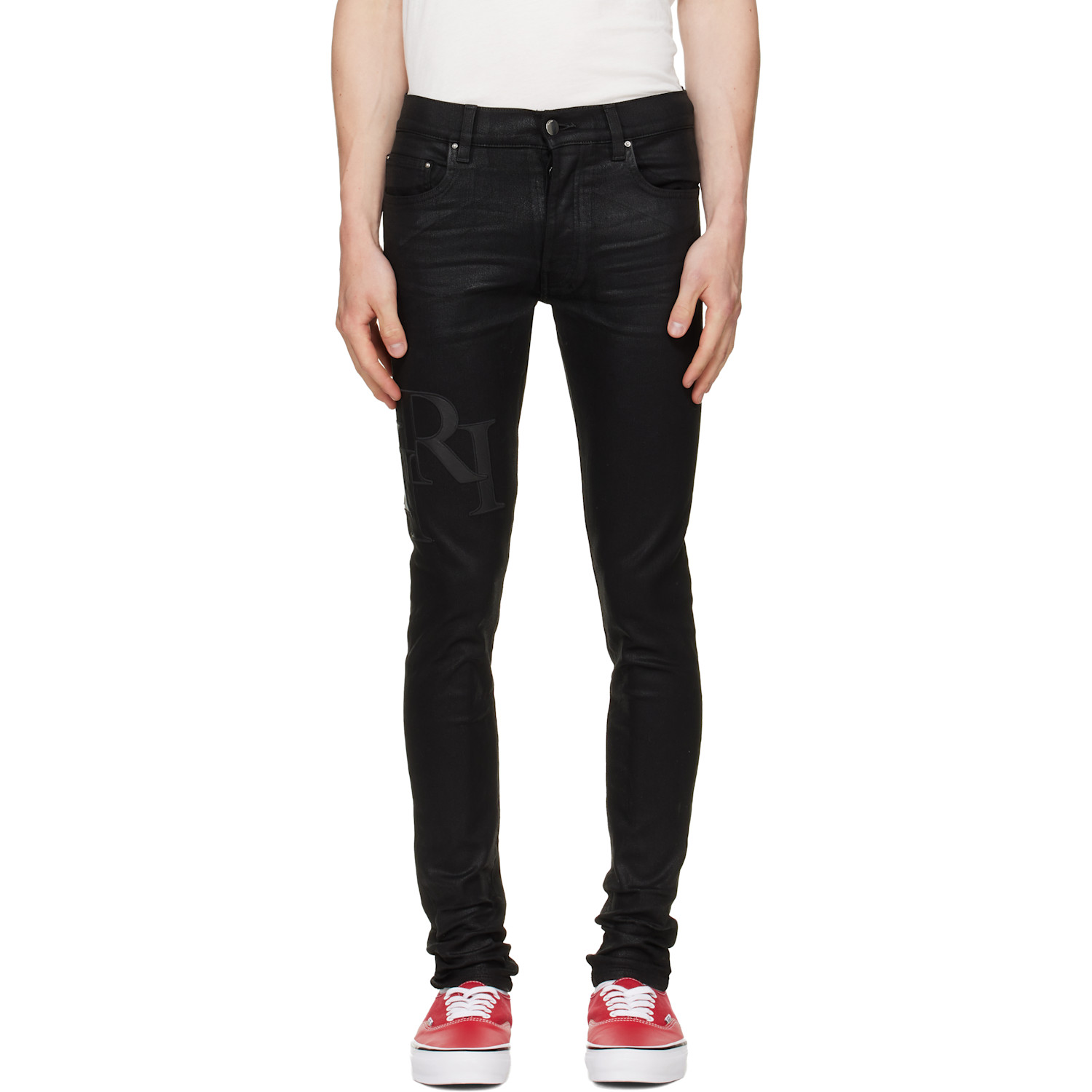 AMIRI Black Waxed Staggered Logo Skinny Jeans