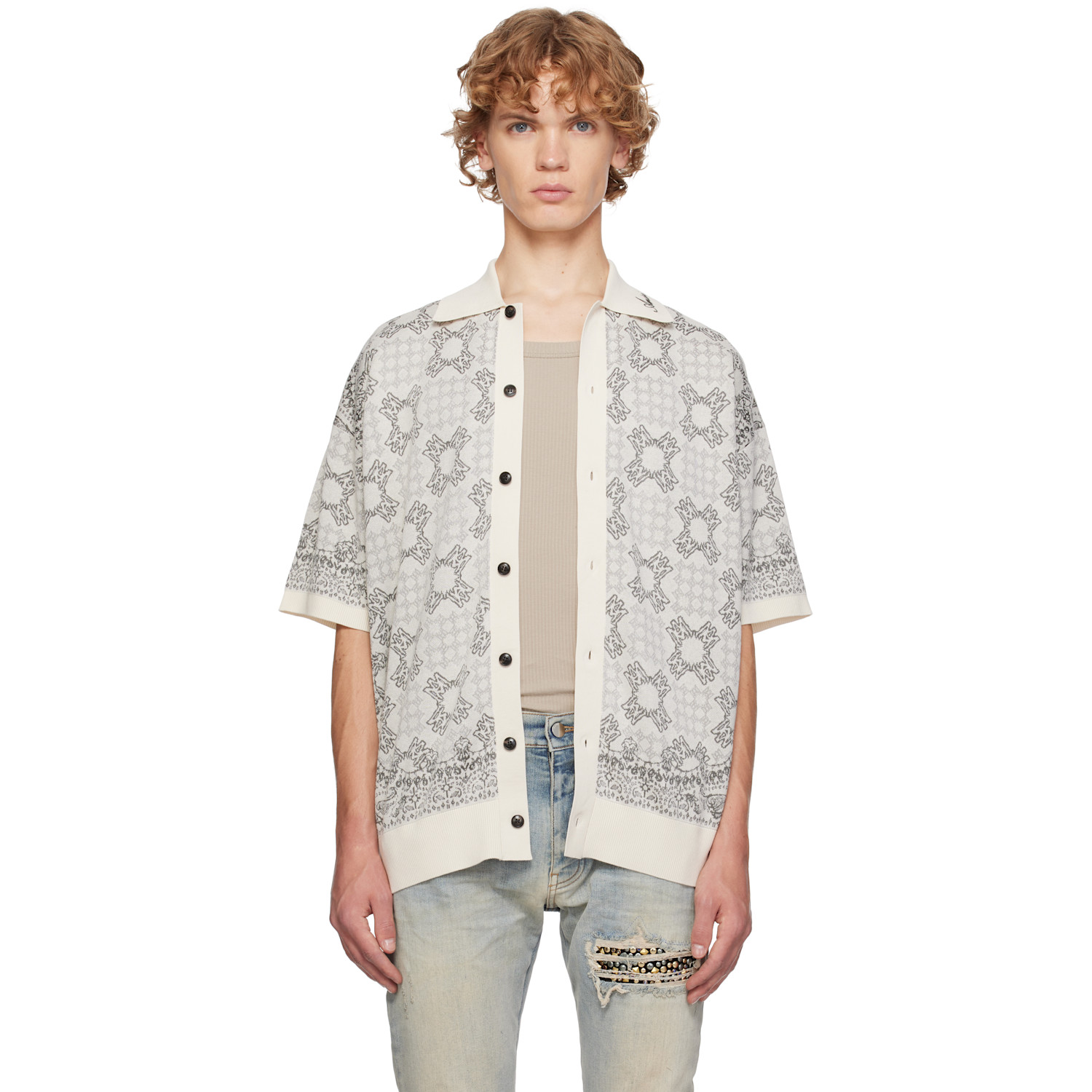 AMIRI Beige MA Quad Check Mesh Knit Shirt