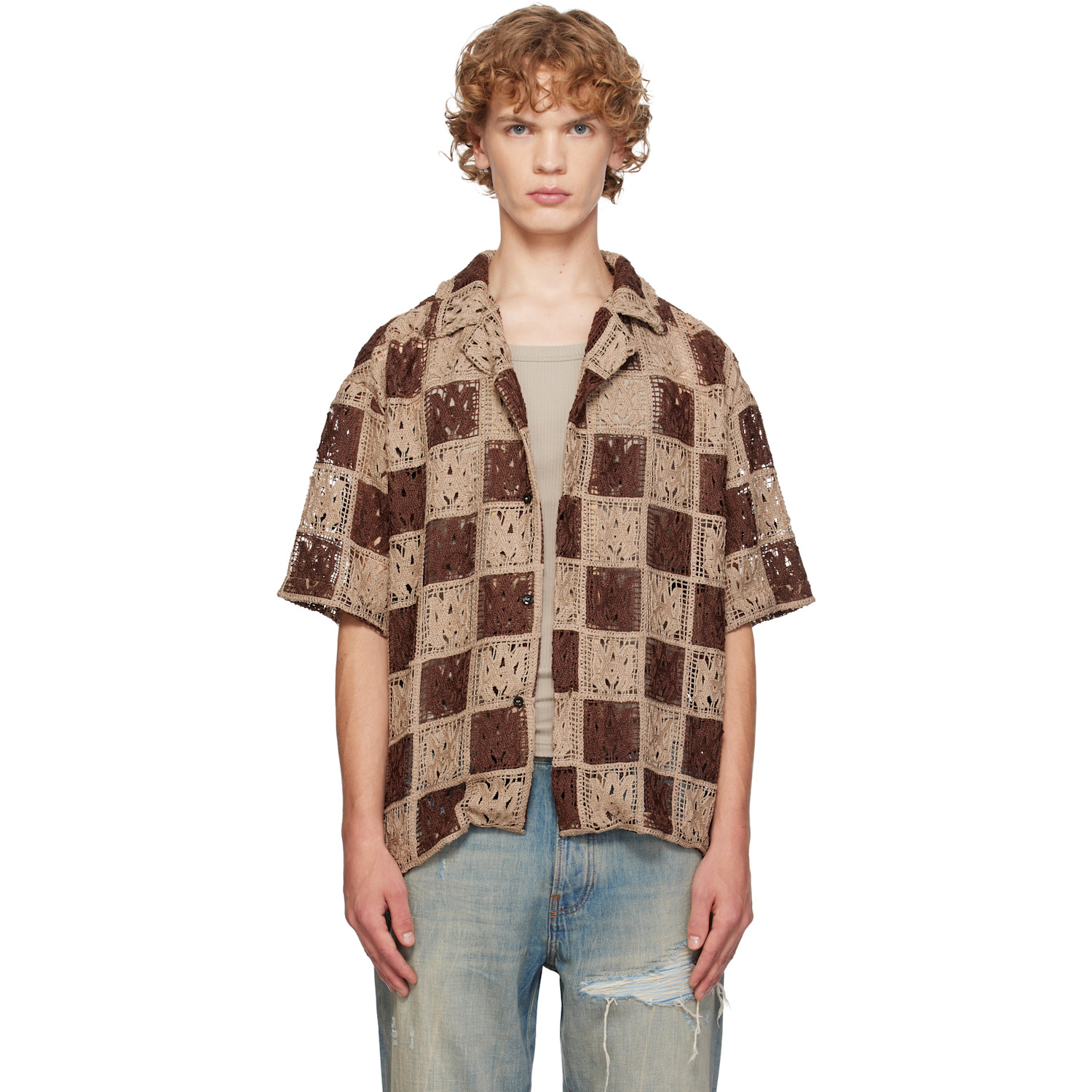 AMIRI Beige & Brown MA Quad Checker Oversized Camp Shirt