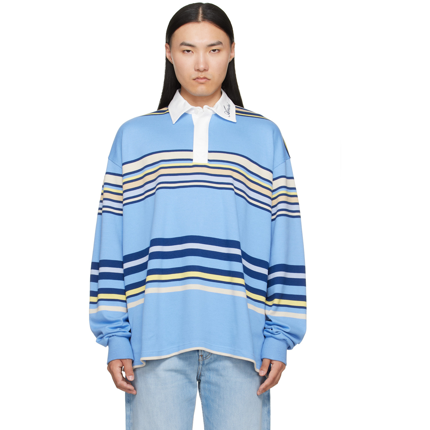 AMIRI Blue Striped Oversized Long Sleeve Polo