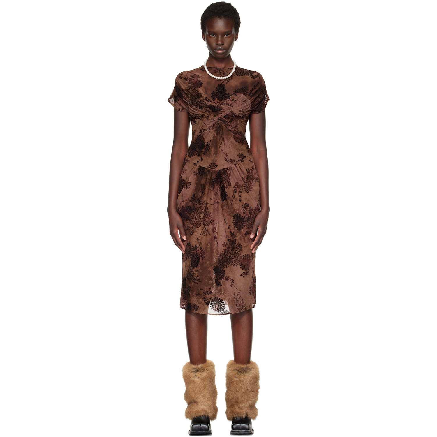 Anna Sui Brown Dahlia Tulle Knit Midi Dress