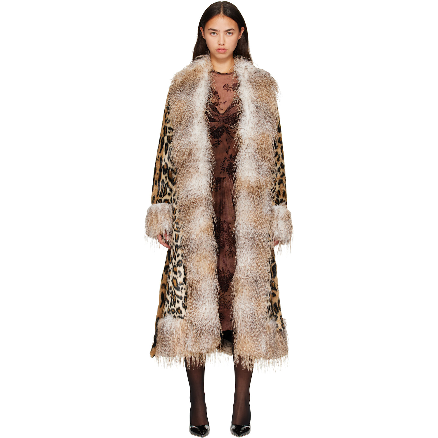 Anna Sui Beige & Brown Belted Faux-Fur Coat