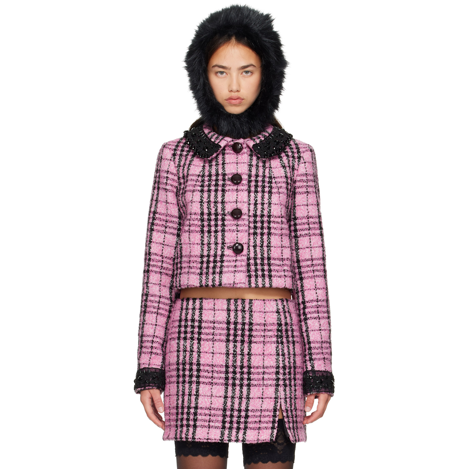 Anna Sui Pink Plaid Beaded Jacket
