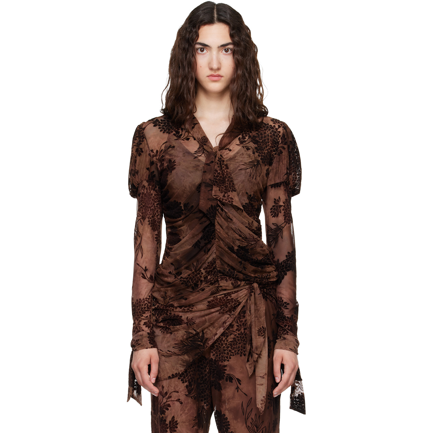 Anna Sui Brown Dahlia Tulle Knit Long Sleeve Blouse