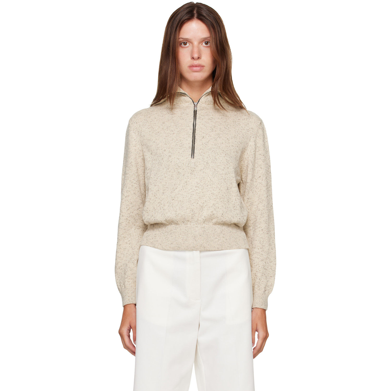 Cordera Off-White Flecked Cotton Zip-Up Sweater