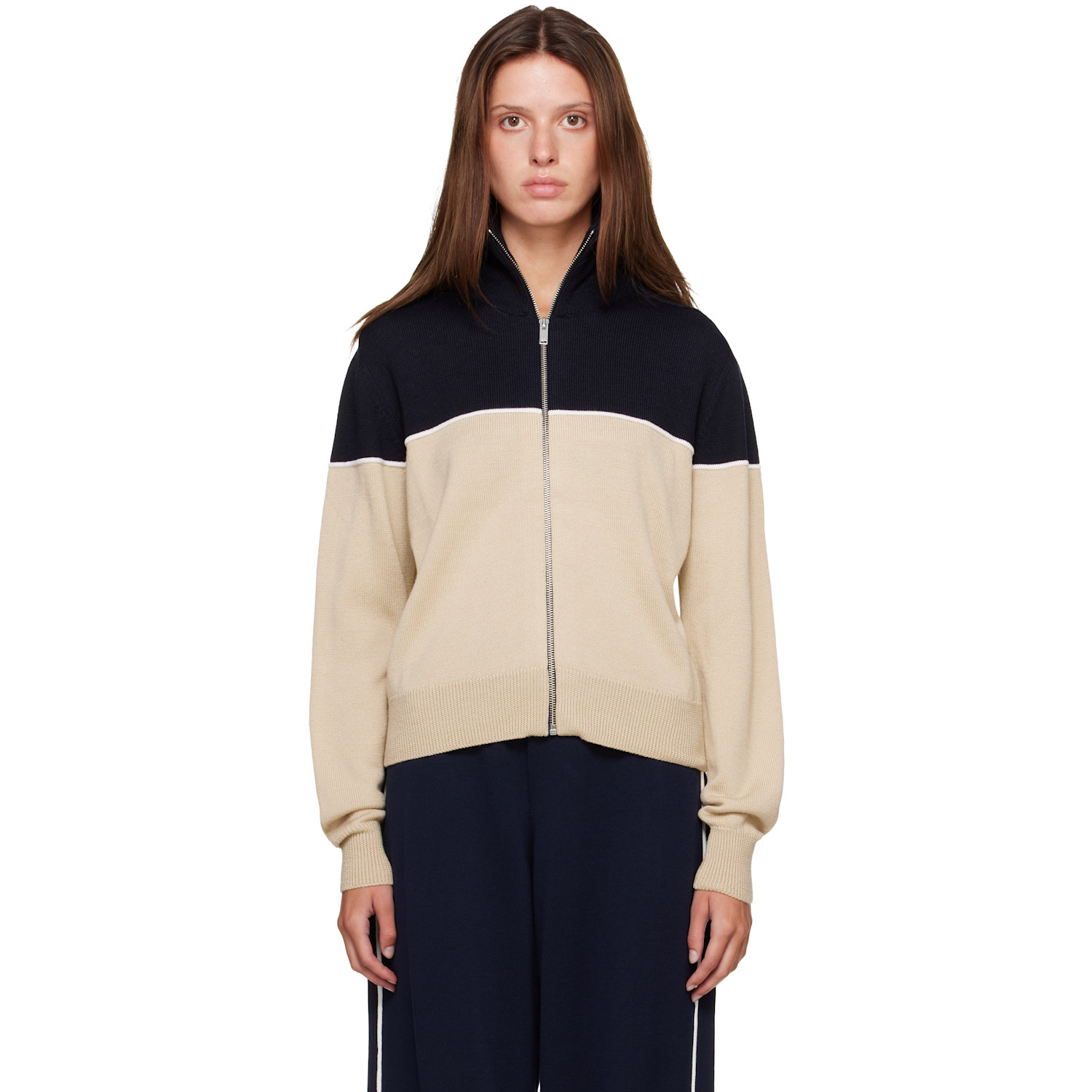 Cordera Off-White & Navy Extrafine Merino Wool Sporty Cardigan