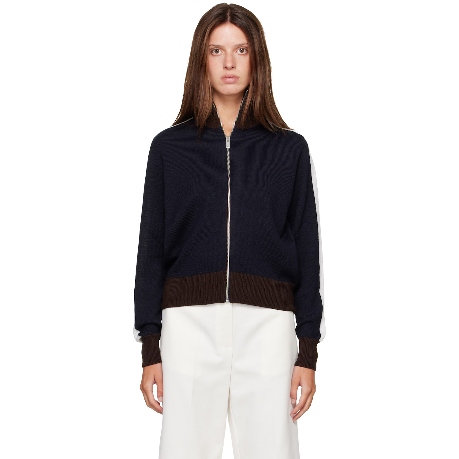 Cordera Navy & Brown Extrafine Merino Wool Sporty Cardigan