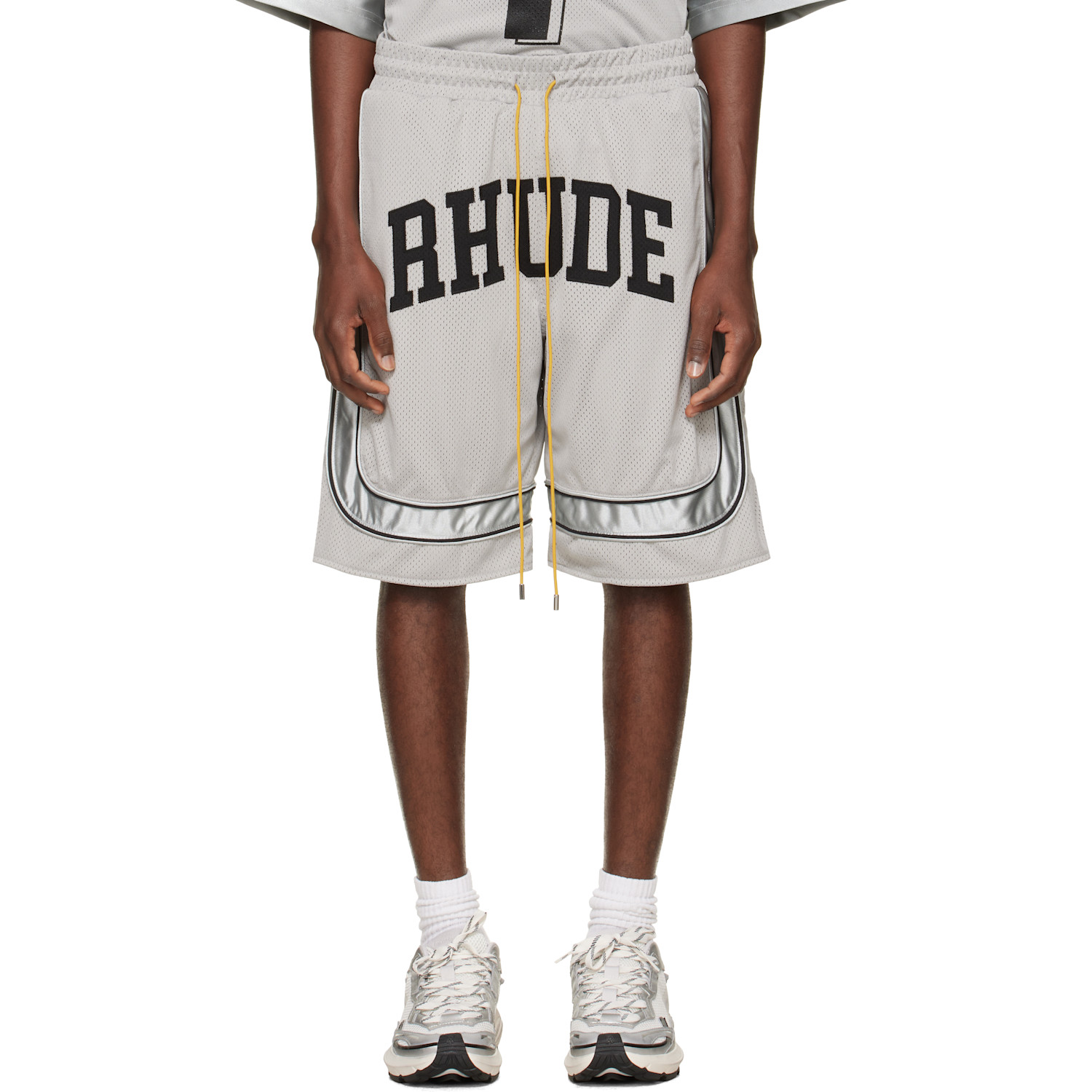 Rhude Gray Baggy Mesh Collegiate Logo Shorts