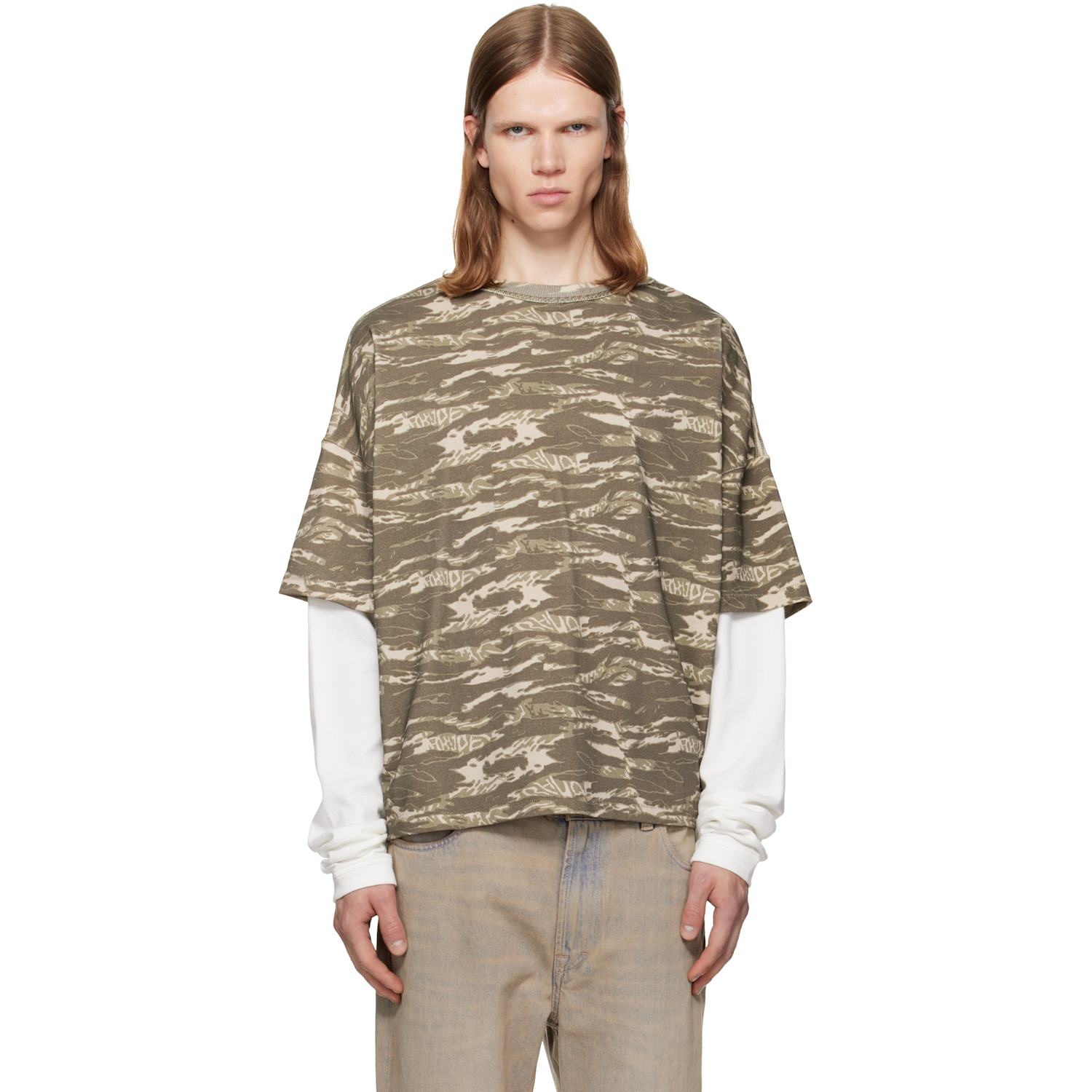 Rhude Khaki & White 'Rhude' Tiger Camo Double-Layered T-shirt