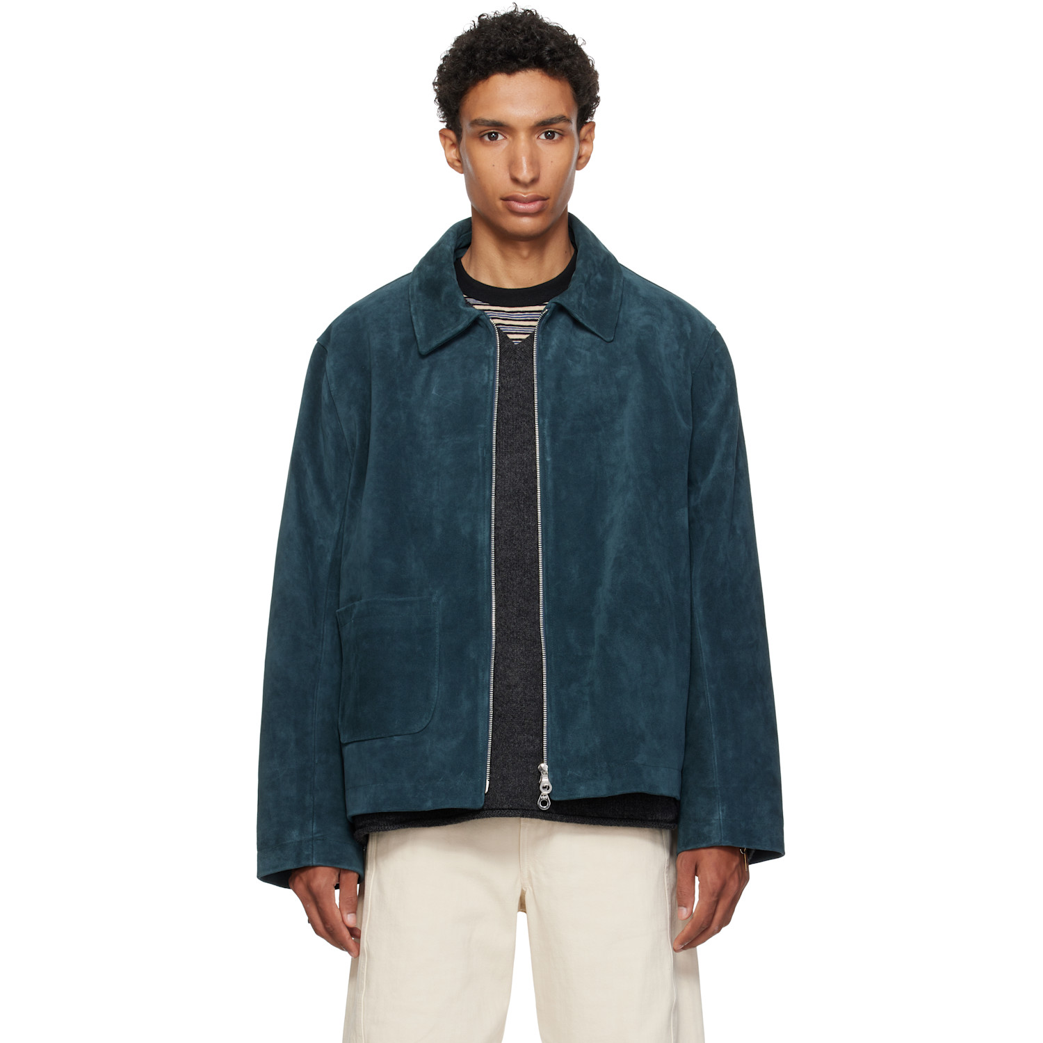 Cawley Navy Zip-Up Sandy Suede Jacket