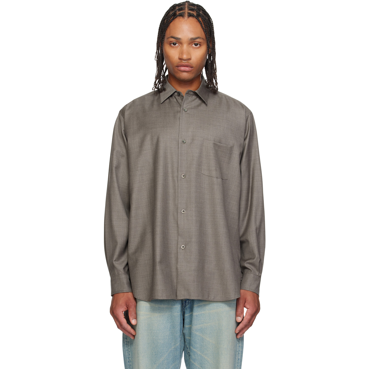 ssstein Taupe Extra Fine Wool Oversized Regular Collar Shirt