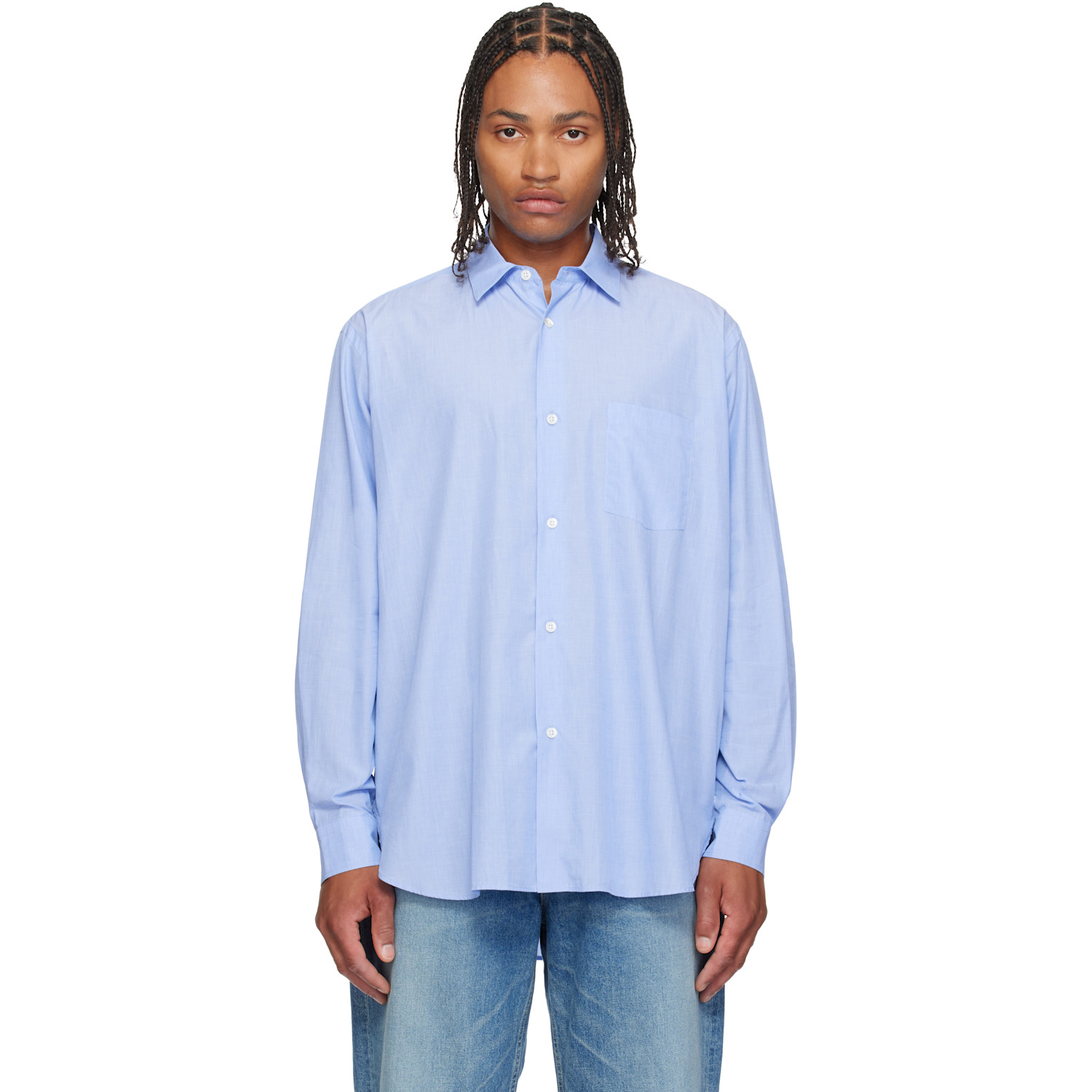 ssstein Blue Smooth Cotton Oversized Regular Collar Shirt