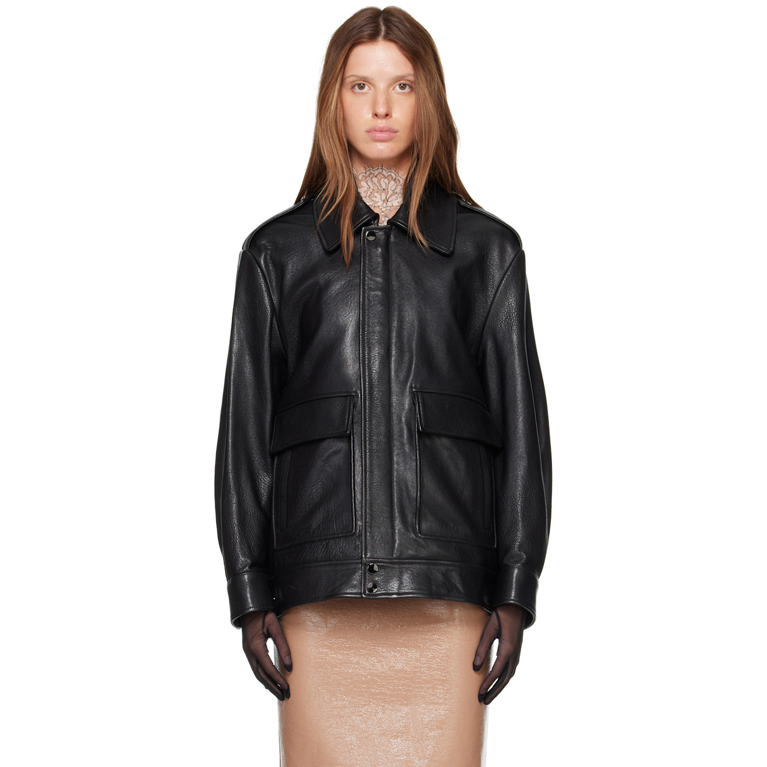 Nour Hammour Black Drey Leather Bomber Jacket