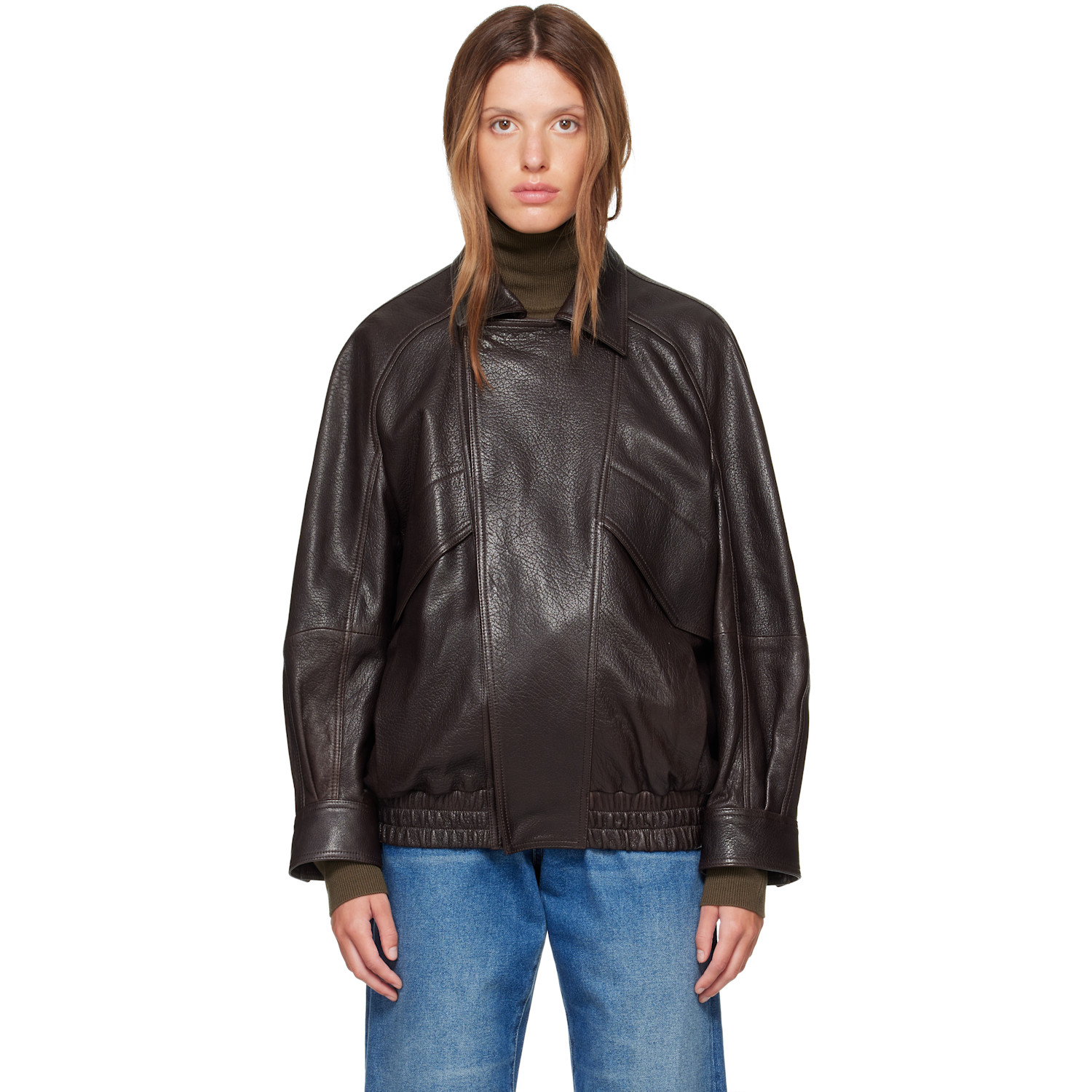 Nour Hammour Brown Rafe Sculptural Leather Bomber Jacket