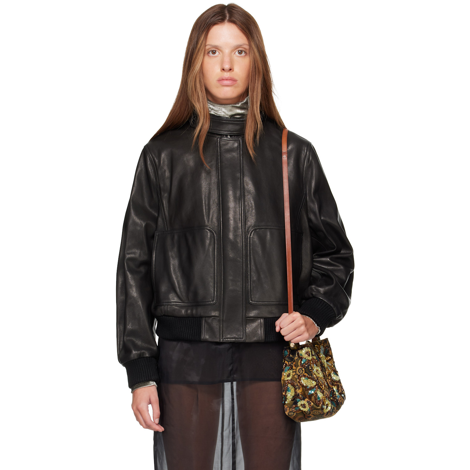 Nour Hammour Black Rios Leather Bomber Jacket