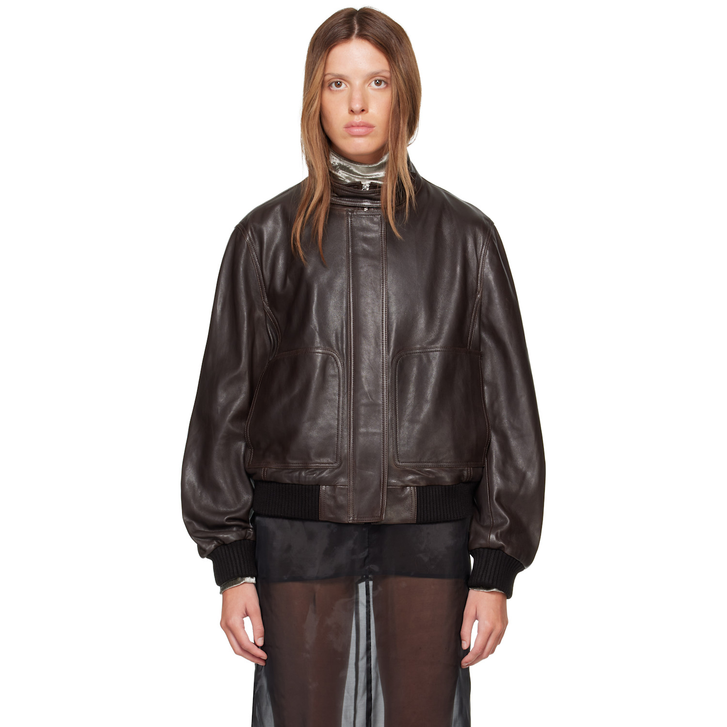 Nour Hammour Brown Rios Leather Bomber Jacket