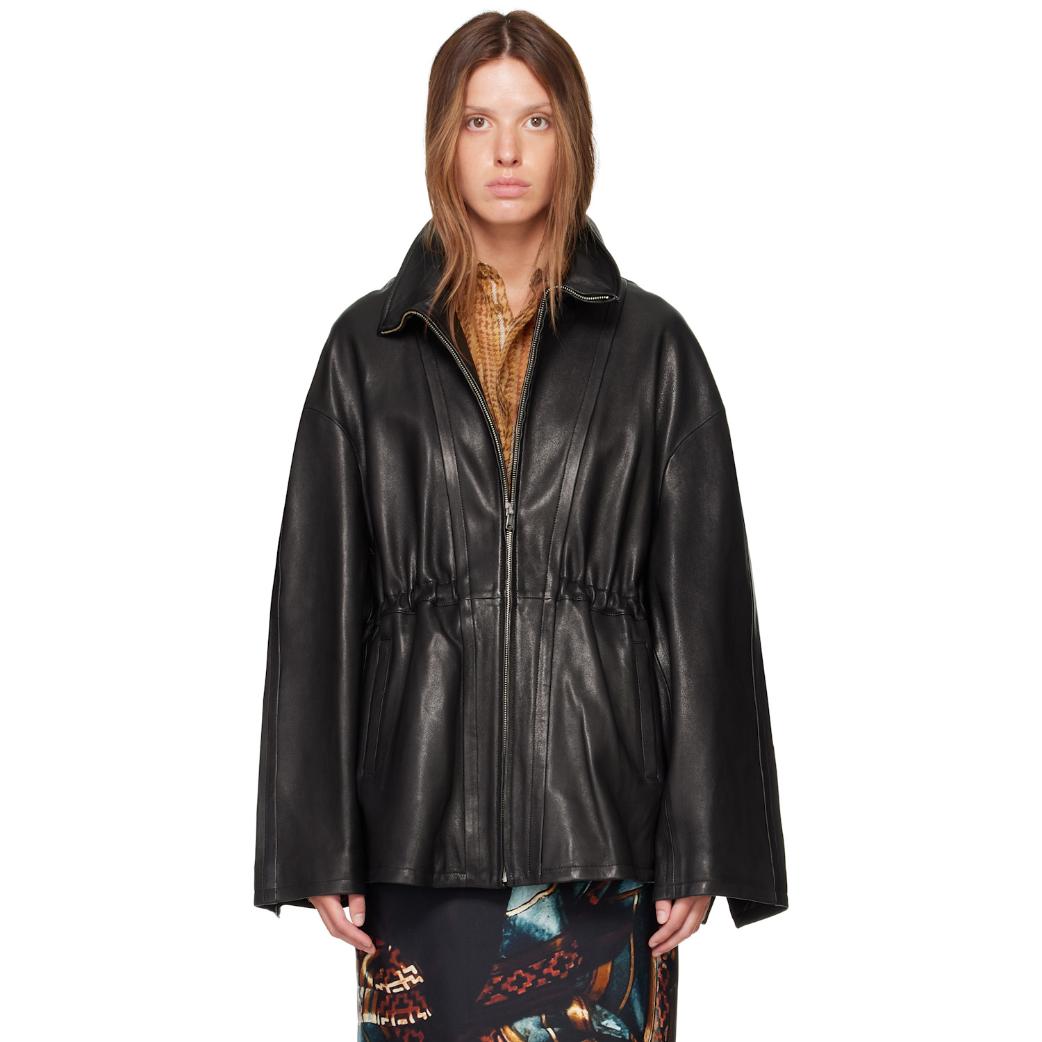 Nour Hammour Black Passage Funnelneck Leather Jacket