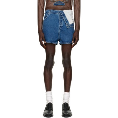 Y/Project — Blue Classic Asymmetric Waist Denim Shorts