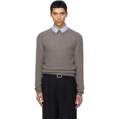 TONYWACK — Taupe Superfine Wool Commando V-Neck Knit Sweater