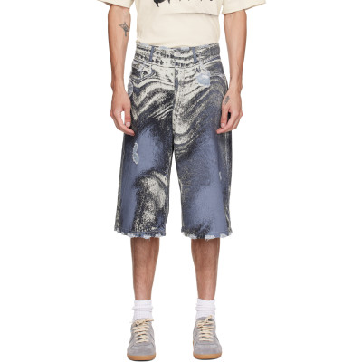 CAMPERLAB — CAMPERLAB Blue Distorted Print Distressed Denim Shorts