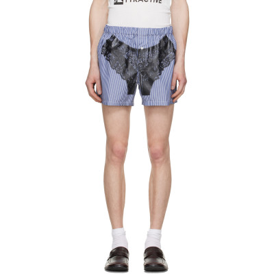 VAQUERA — Navy & White Striped Trompe L'Oeil Boxer Shorts