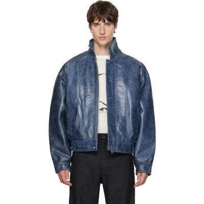 Bluemarble — BLUEMARBLE Blue Curved Shoulder Leather Blouson Jacket