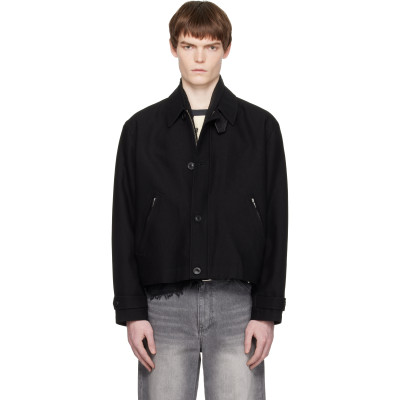 COOR — COOR Black Wool Linen Blend Leather Tab Jacket