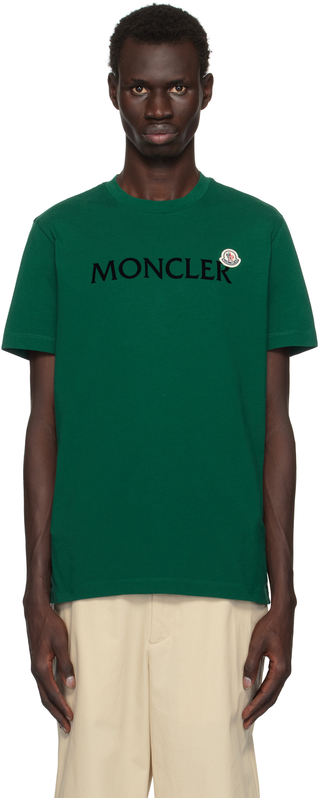 Moncler: Green Flocked Logo T-shirt | SSENSE