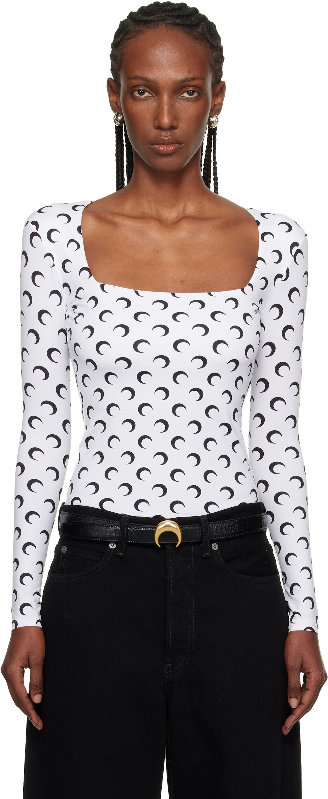 Marine Serre: White Moon Printed Jersey LS Squareneck T-shirt