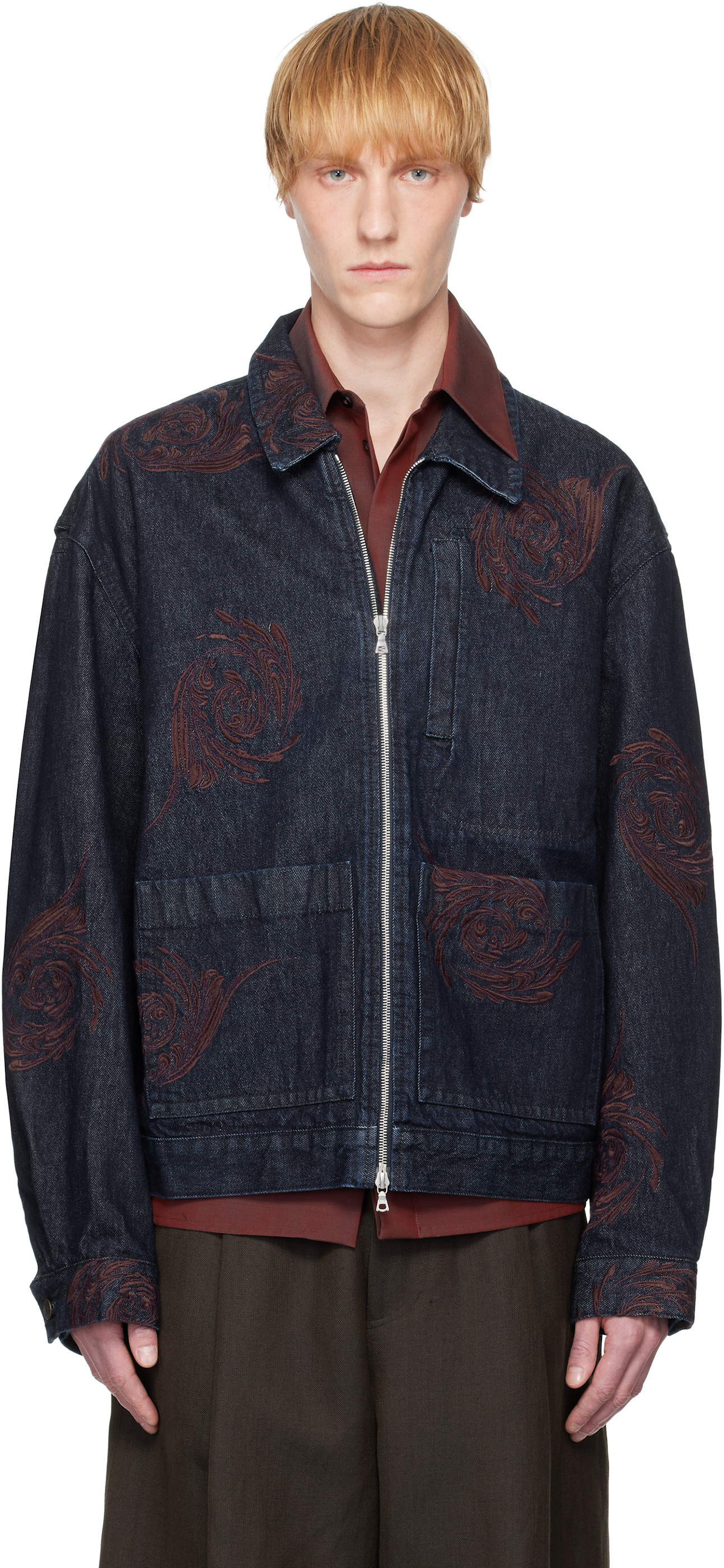 Dries Van Noten: Navy Embroidered Pattern Denim Jacket | SSENSE
