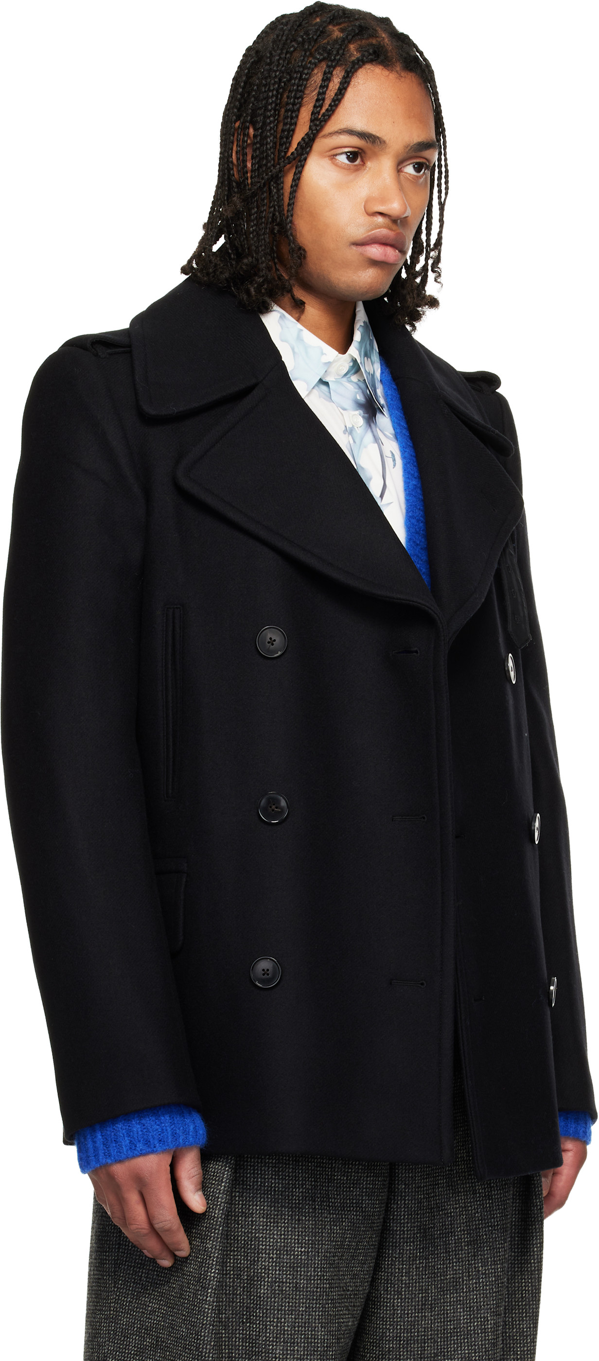 Dries Van Noten: Black Melton Peacoat | SSENSE
