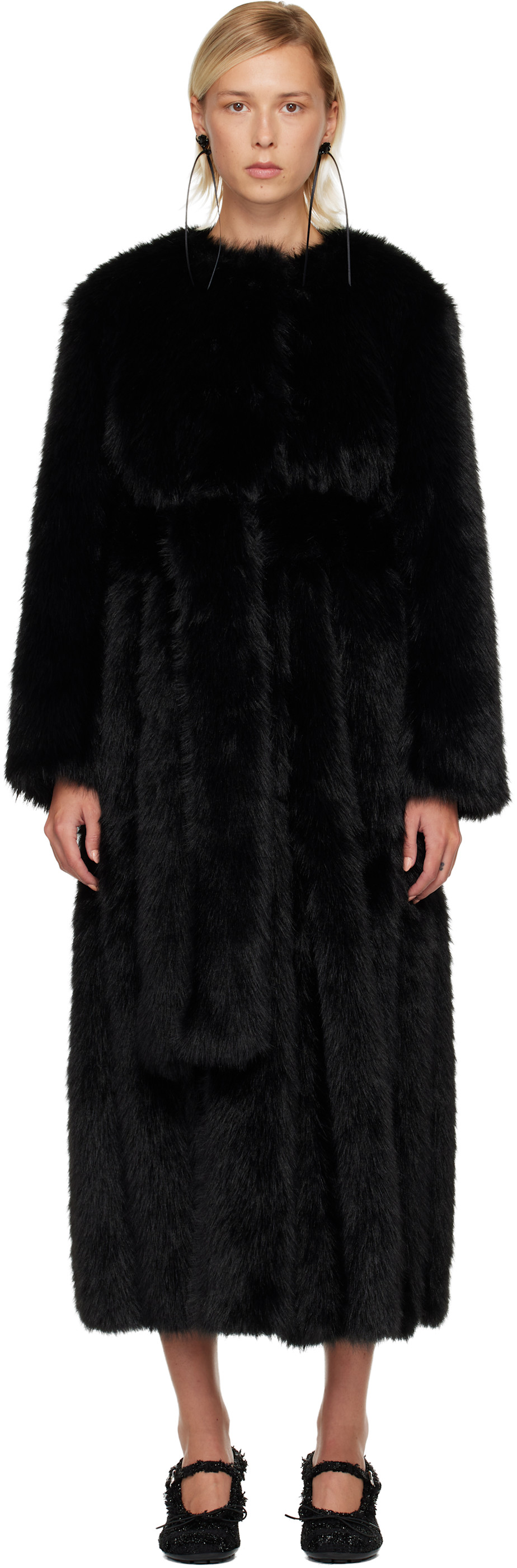 Simone Rocha: Black Belted Faux Fur Long Multi Slit Coat | SSENSE