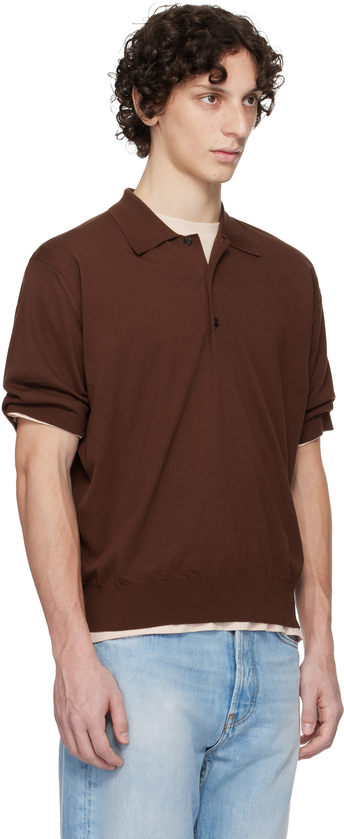 AURALEE: Brown Super High Gauge Cotton Knit Polo | SSENSE