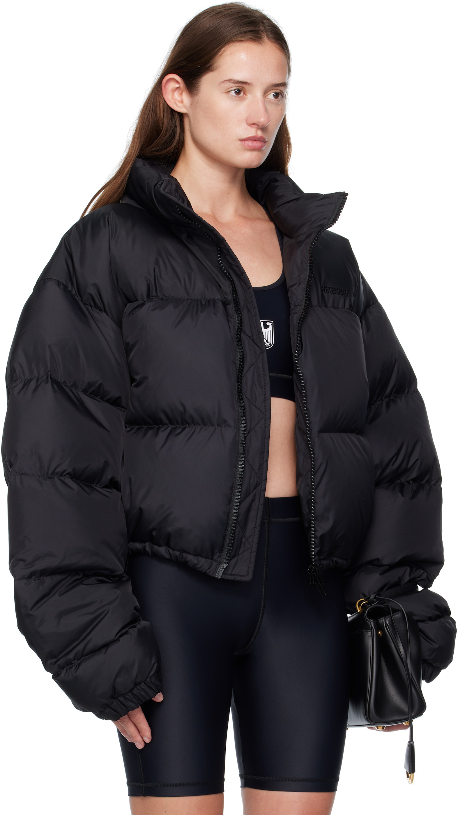 VETEMENTS: Black Double Logo Boxy Down Jacket | SSENSE