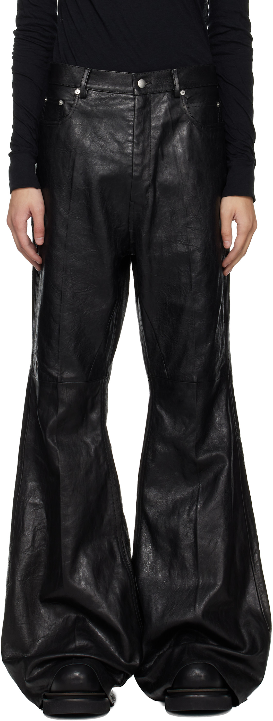 パンツ rick owens. bolan boots cut Rick Owens: Black Temple Bolan Bootcut Leather Pants | SSENSE